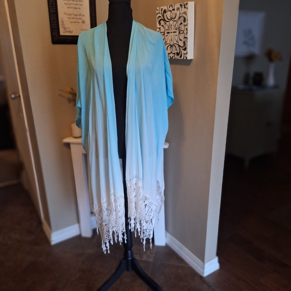 Chico's Coastal Boho vibes Teal White Women's Flowy Kimono Cover Up L/XL - Picture 5 of 16